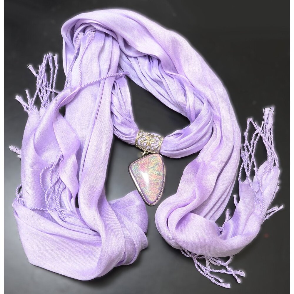 Jewelry Purple & Silver iridescent Pendant Fringe Necklace Scarf Western Coastal